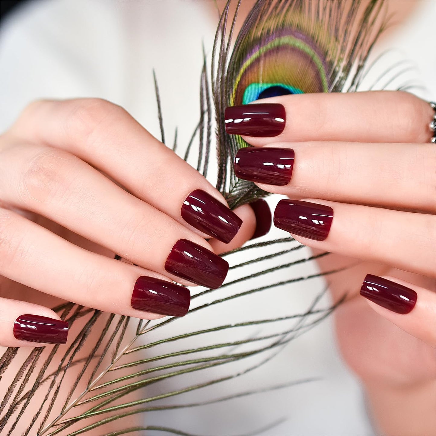 Claret Red Press on Nails - iBeautying False Nails - Dark Wine Red Brown Finish Finger Daily Wear Nail - Medium Square Acrylic Reusable Fake Nails 24pcs