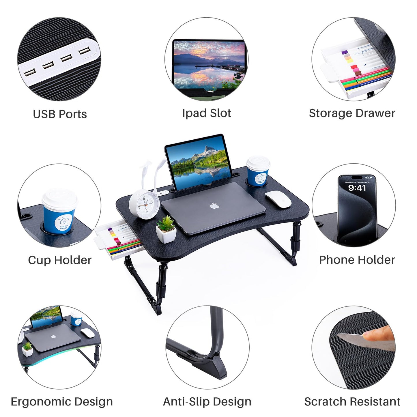 BYMECOST Laptop Desk for Bed, Height Adjustable Laptop Bed Table, Foldable Portable Lap Desk Stand with USB/Storage Drawer/Cup Holder/Slot, Breakfast Tray for Working Reading Writing Eating