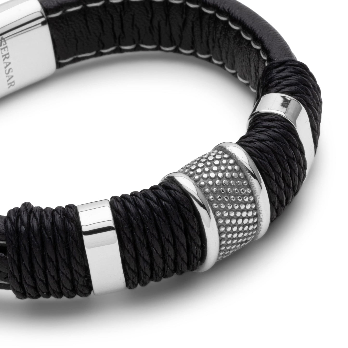 SERASAR Pulsera de cuero plateado 20cm para hombre idea regalo, genuino, caja cierre magnetico ajustable
