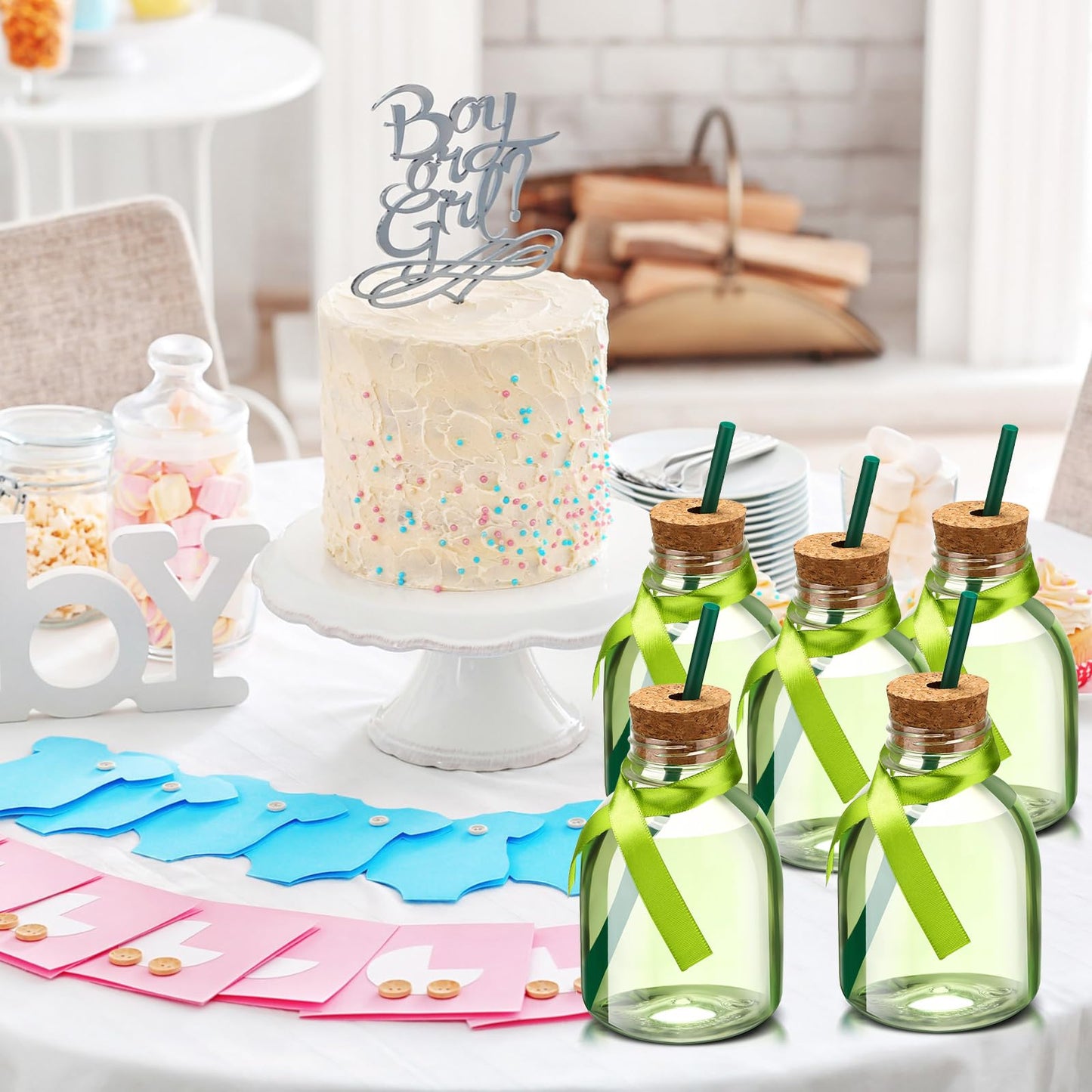 Vesici 24 Pcs Plastic Liquor Bottles with Cork and Straw Empty Juice Bottles for Drinks Reusable Mini Liquor Jar with Green Silk Ribbon for Wedding Party Personalized Decoration(10 oz)