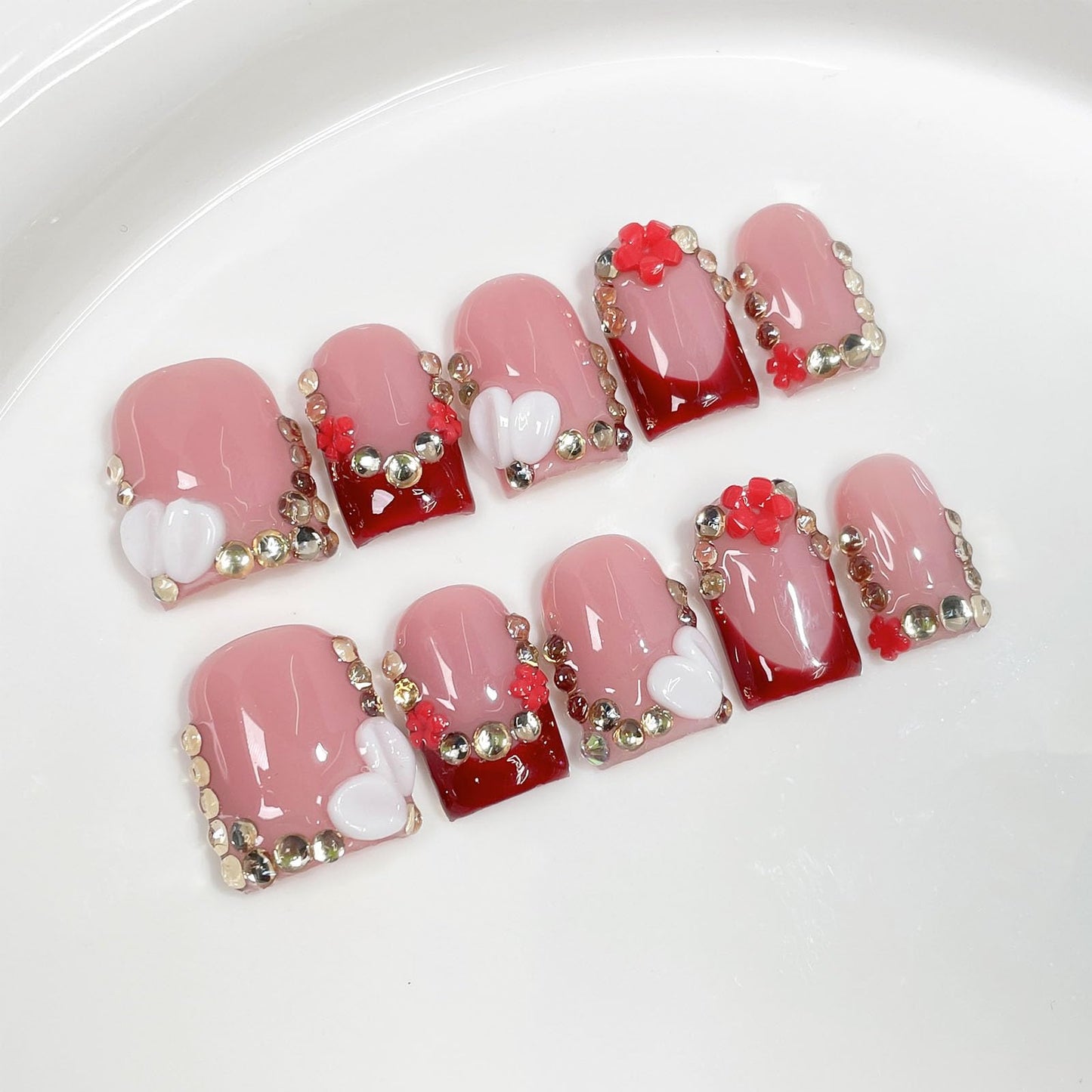 10 Pcs Handmade Press on Nails Short Square Fake Nails with 3D Rhinestones Flower Design Burgundy French Tip False Nails Pink Acrylic M Size Press Ons Nails Square for Women