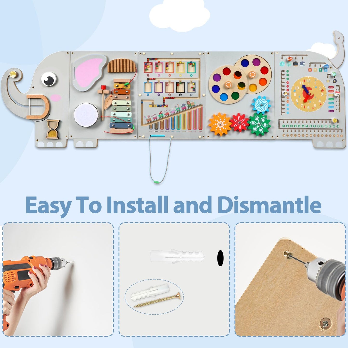 5FT Large Elephant Activity Wall Busy Board Wooden Sensory Wall Panel Educational Montessori Toys for Toddler Kids Interactive Sensory Activity Board Learning Center Playroom Daycare Nursery Decor