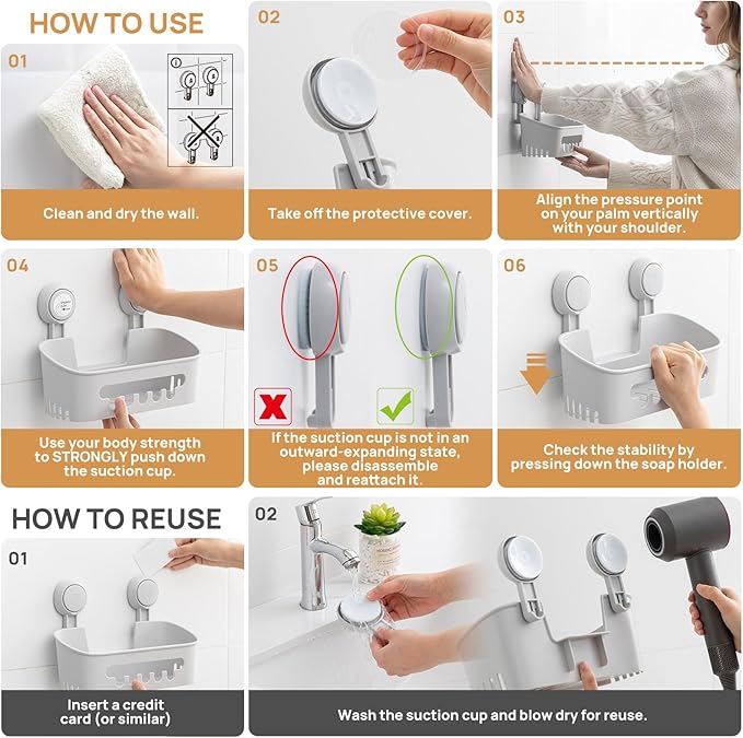 LEVERLOC Shower Caddy Suction Cup 2 Pack, Shower Organizer Removable Bathroom Shelf, Storage Suction Powerful Max Hold 22lbs Bathroom Caddy Waterproof Holder, Gray