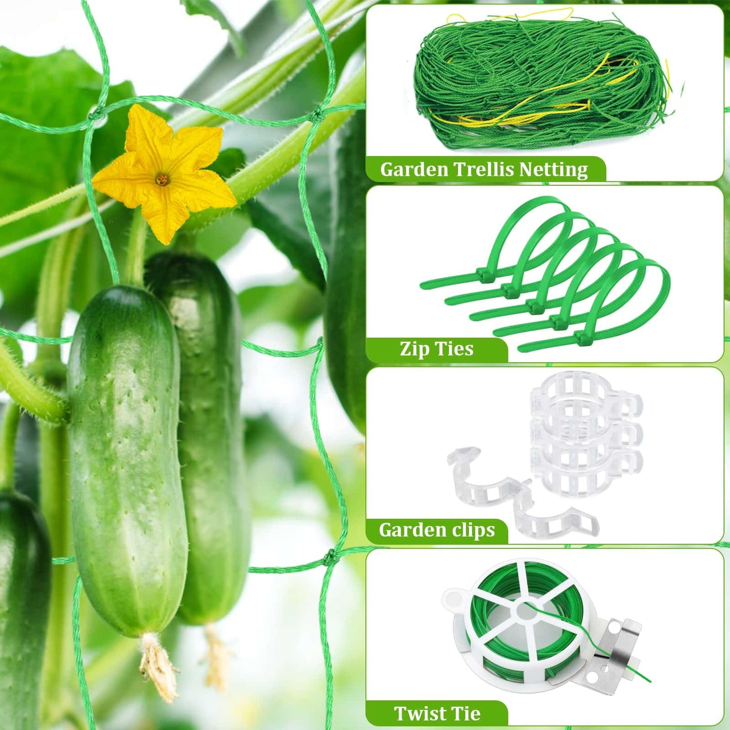 Cucumber Trellis with Grow Bag, 50 x 36 Inches Reusable Garden Vegetable Trellis with Fabric Raised Bed, Climbing Net and Plant Support Clips for Greenhouse Climbing Plants