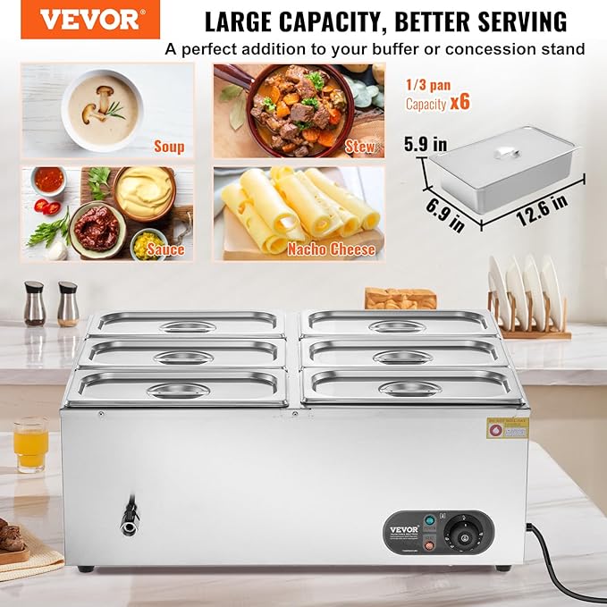 VEVOR 110V 6-Pan Commercial Food Warmer, 1200W Electric Steam Table 15cm/6inch Deep, Stainless Steel Buffet Bain Marie 48 Quart for Restaurants