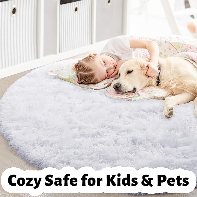 Amdrebio White Fluffy Round Rug 4Ft for Bedroom Aesthetic, Fuzzy Fur Circle Area Rugs for Living Room, Soft Plush Shaggy Shag Carpet for Nursery Dorm, Cute Kids Room Decor for Baby Toddler Teen Girls