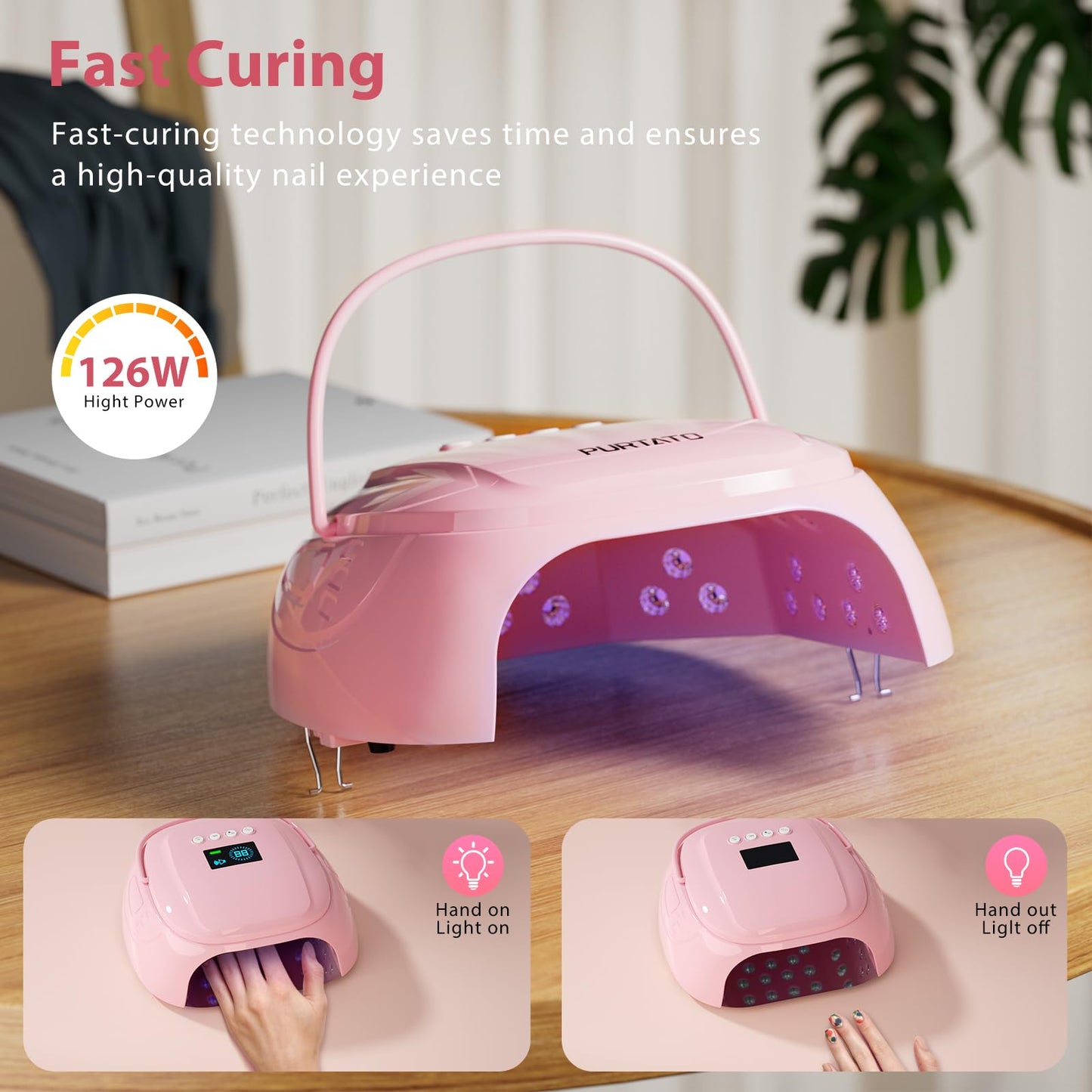 Purtato 126W Cordless Rechargeable UV LED Nail Lamp with Large Space, Handle and Foot Rest, Fast Curing Gel Nail Dryer with 4 Timers for Salon and Home (Pink)