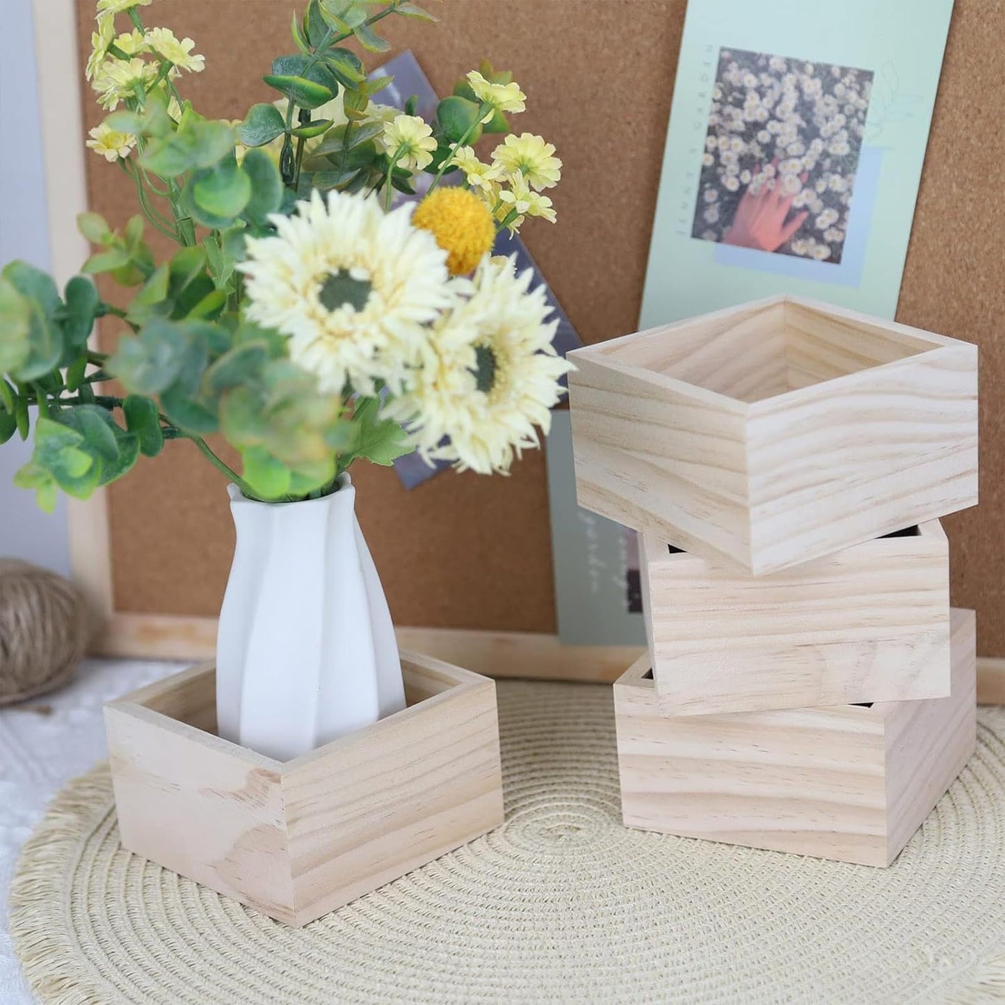 Anktily 4 Pack Unfinished Wooden Craft Storage Organiser Boxes, 3 x 3 x 1.6 inch Small Square Wood Box, Rustic Natural Wood Container Box for Home Venue Decor