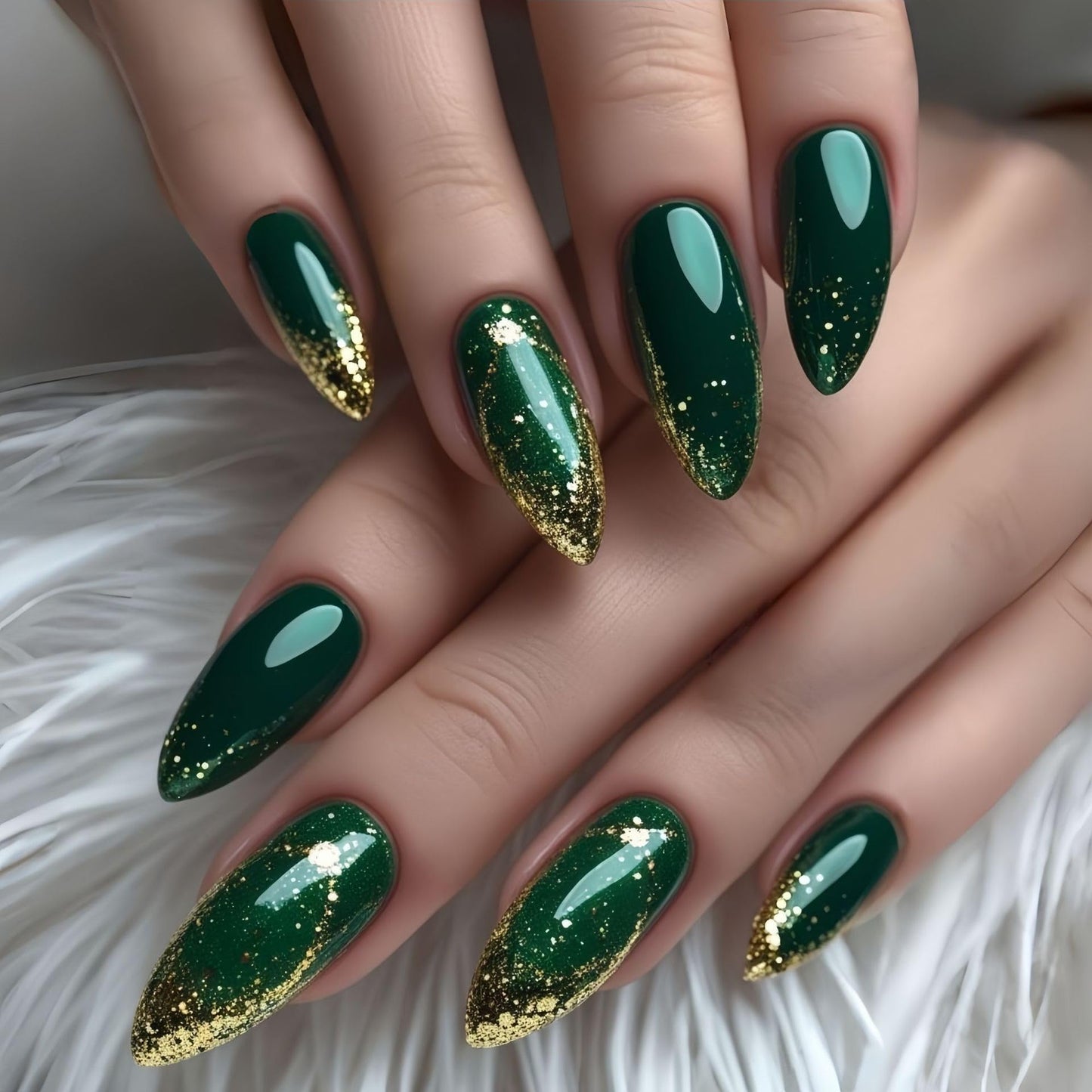 RUOKEXIN Almond Press on Nails Medium Fake Nails Gold Glitter False Nails with Designs Green Full Cover Nail Press ons Sparkly Artificial Nails for Women 24Pcs