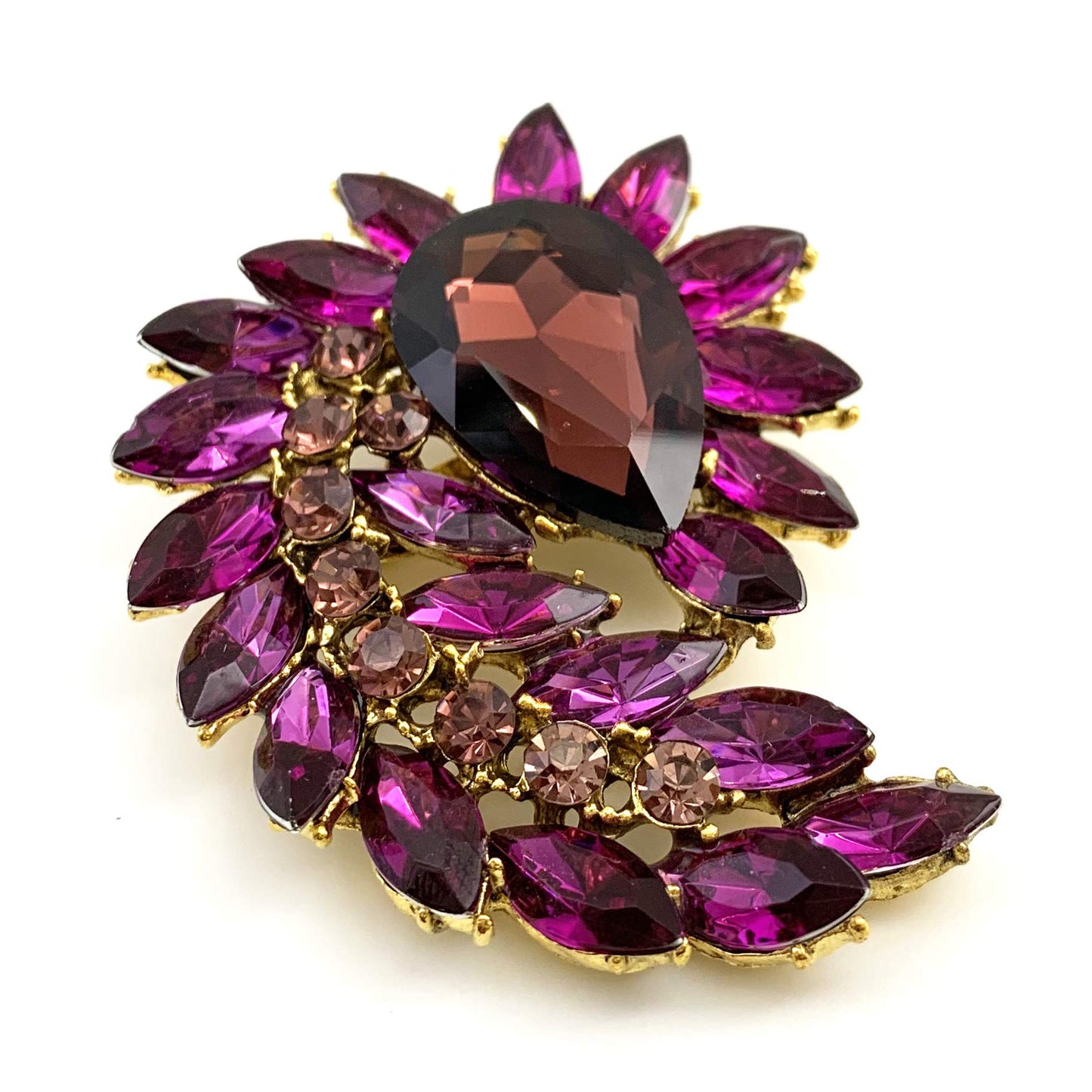 SELOVO Jewelry Marquise Shape Large Rhinestone Flower Purple Statement Brooch Pin Antiqued Gold Tone