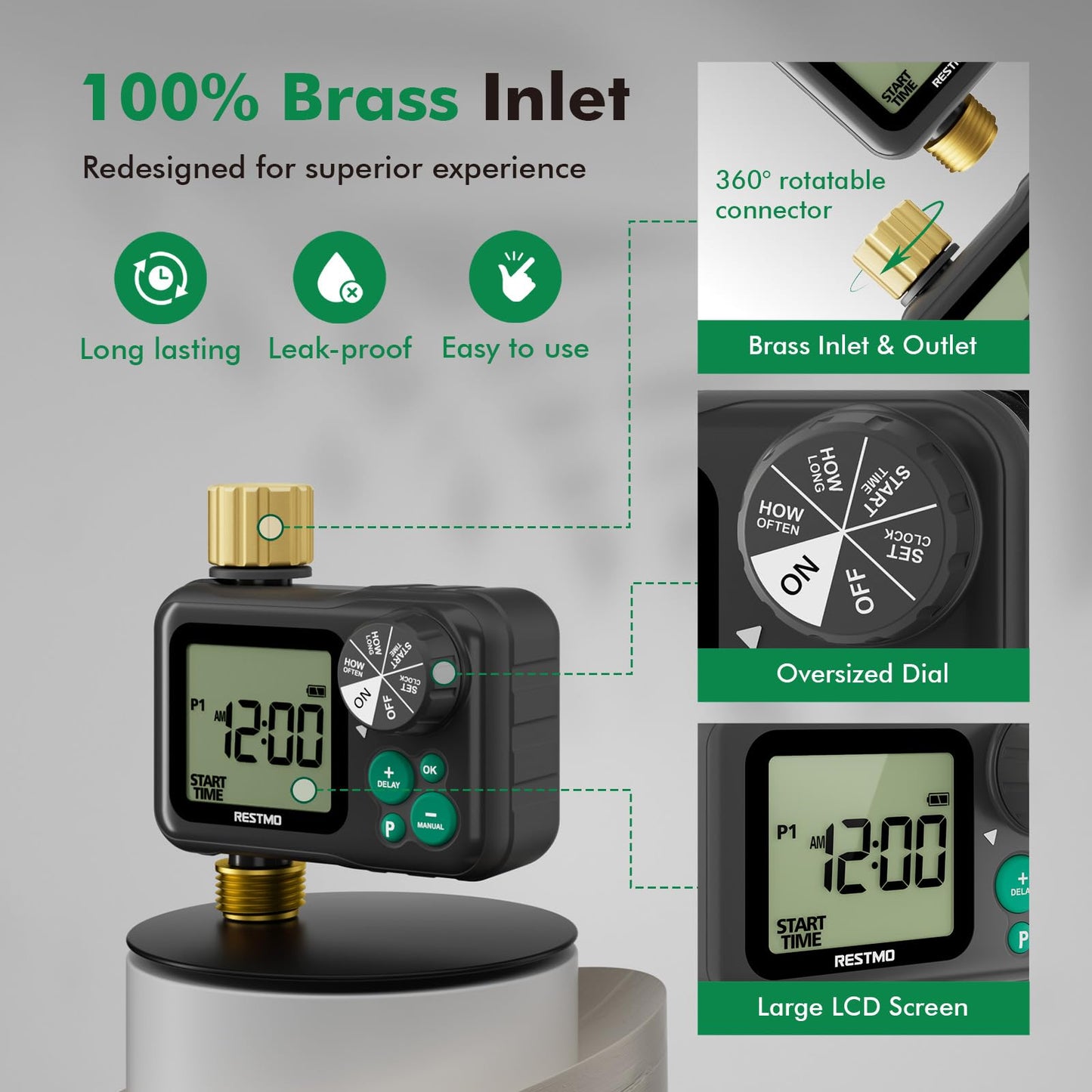RESTMO Remote Control Brass Sprinkler Timer for Outdoor Hose Faucet, Up to 11h59m Programmable Watering Timer for Soaker Hose, Misting with Large Dial, Rain Delay/Manual/Automatic Irrigation System