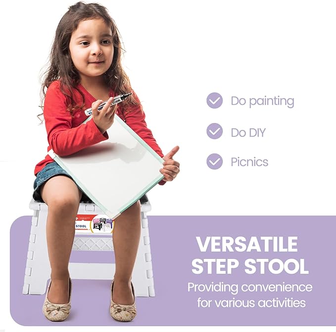 ACSTEP 9 Inch Folding Step Stool 300 LB Capacity Non Slip Foot Stool with Handle Plastic Foldable Step Stools for Kids Stepping Stool for Bathroom Kitchen Small Step Stool (1 PC White)