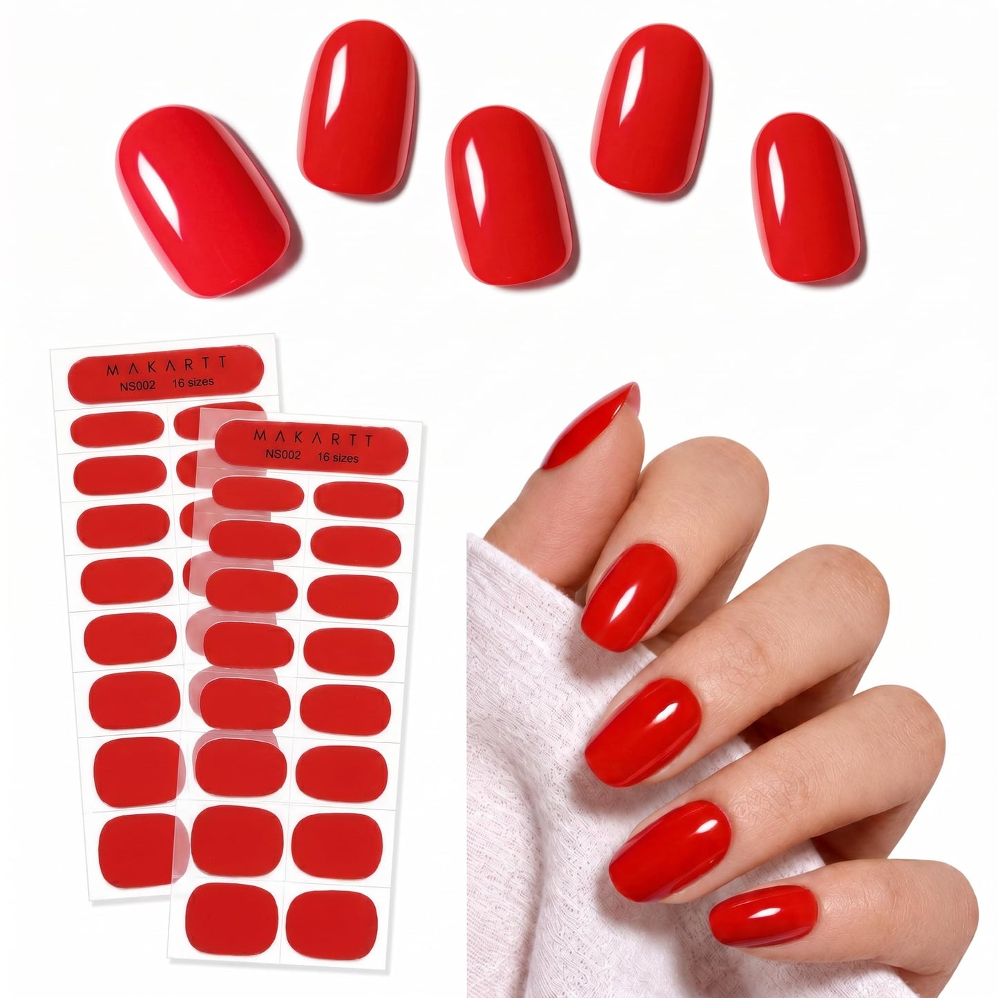 Makartt Semi Cured Gel Nail Strips Kit 2 Packs – Real Gel, Hema & TPO Free, 16 Sizes Anti-Lift Fit, UV Light Required, Salon Quality, Long Lasting, Includes Dual-Ended Tool & Prep Kit (Classic Red)
