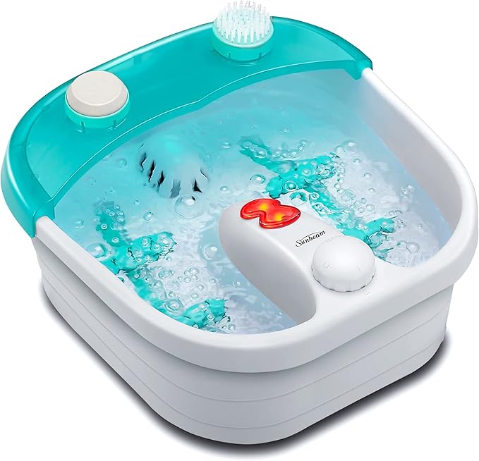 Sunbeam Deep Reservoir Aqua Therapy Foot Spa Foot Bath with Heat, Bubbles, Massage Rollers with Exfoliating Brush and Pumice Stone Pedicure Attachments, Extra Long Basin