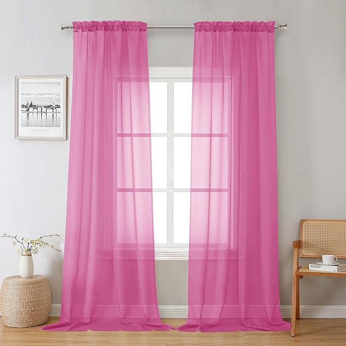 Lecloud Hot Pink Sheer Curtains 96 Inches Long 2 Panels, Rod Pockets Solid Voile Living Room Curtains for Bedroom Dining Room, Light Filtering Airy Vintage Farmhouse Drapes, Each Panel 42" W x 96" L