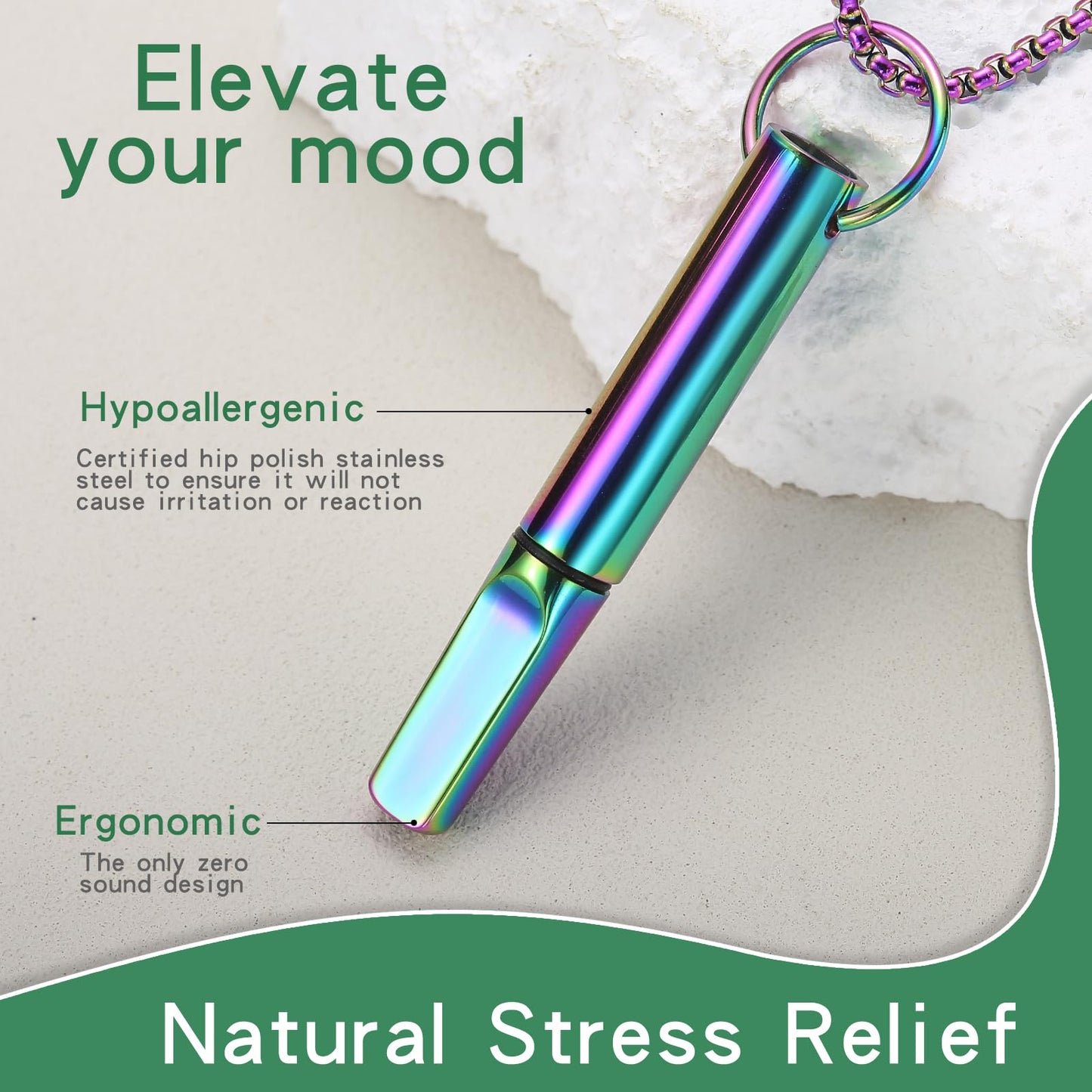 hooppoo Quit Smoking Necklace, Anxiety Relief Breathing Inhaler with Essential Oil Pad - Aromatherapy Diffuser Pendant for Smokers, Stainless Steel Necklace for Women & Men (Rainbow)