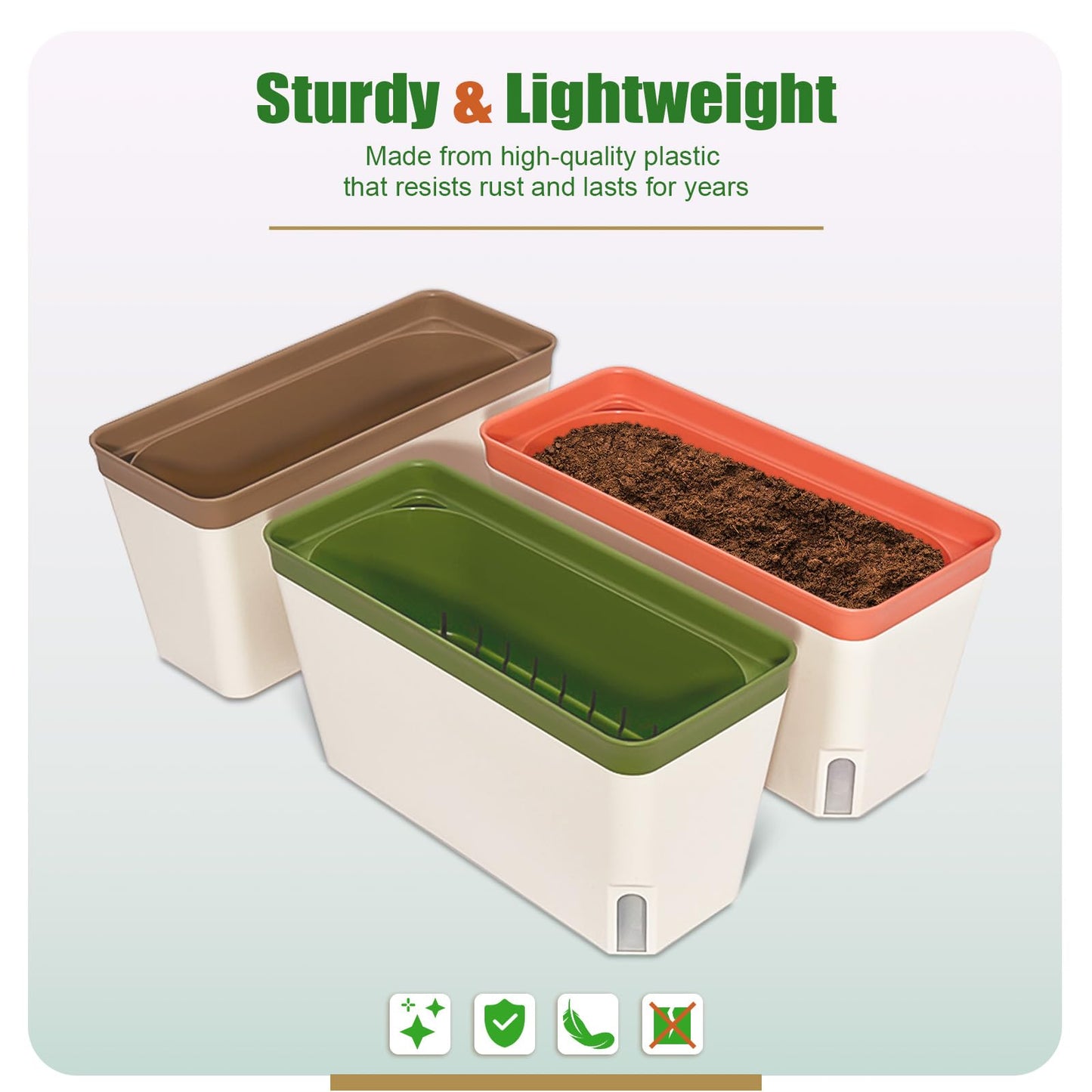 OurWarm 3 Pack Self Watering Herb Planter Set for Windowsill, 10.5In Indoor Herb Garden Planters with Water Level Indicator, Dual Layer Easy Care Pot for Basil, Flowers, Vegetables & Succulent