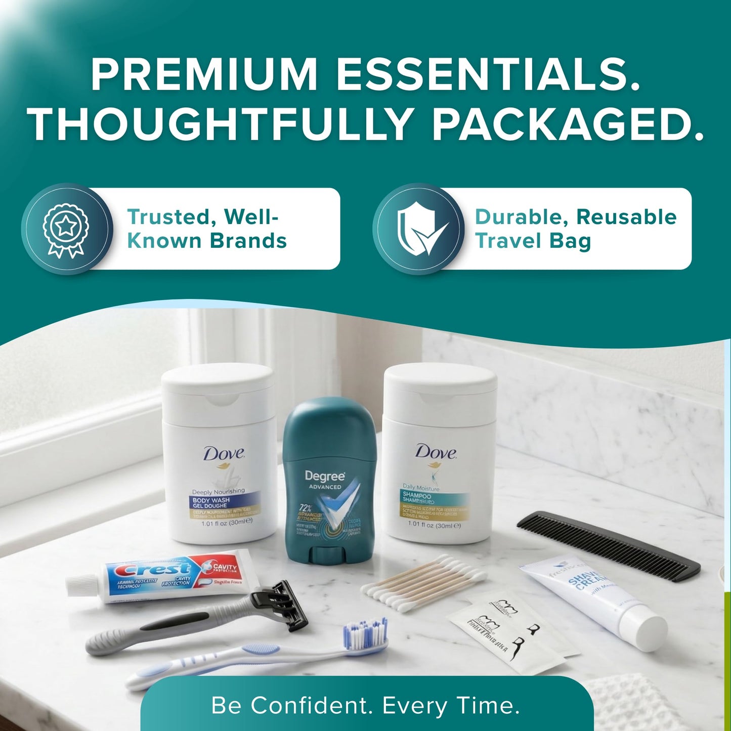 TrekTote Bulk Men’s Travel Hygiene Kits Case Pack of 12 Piece Kits TSA Approved Travel Size Toiletry Kits with Toothbrush Toothpaste Deodorant Razor for Outreach Emergency Use