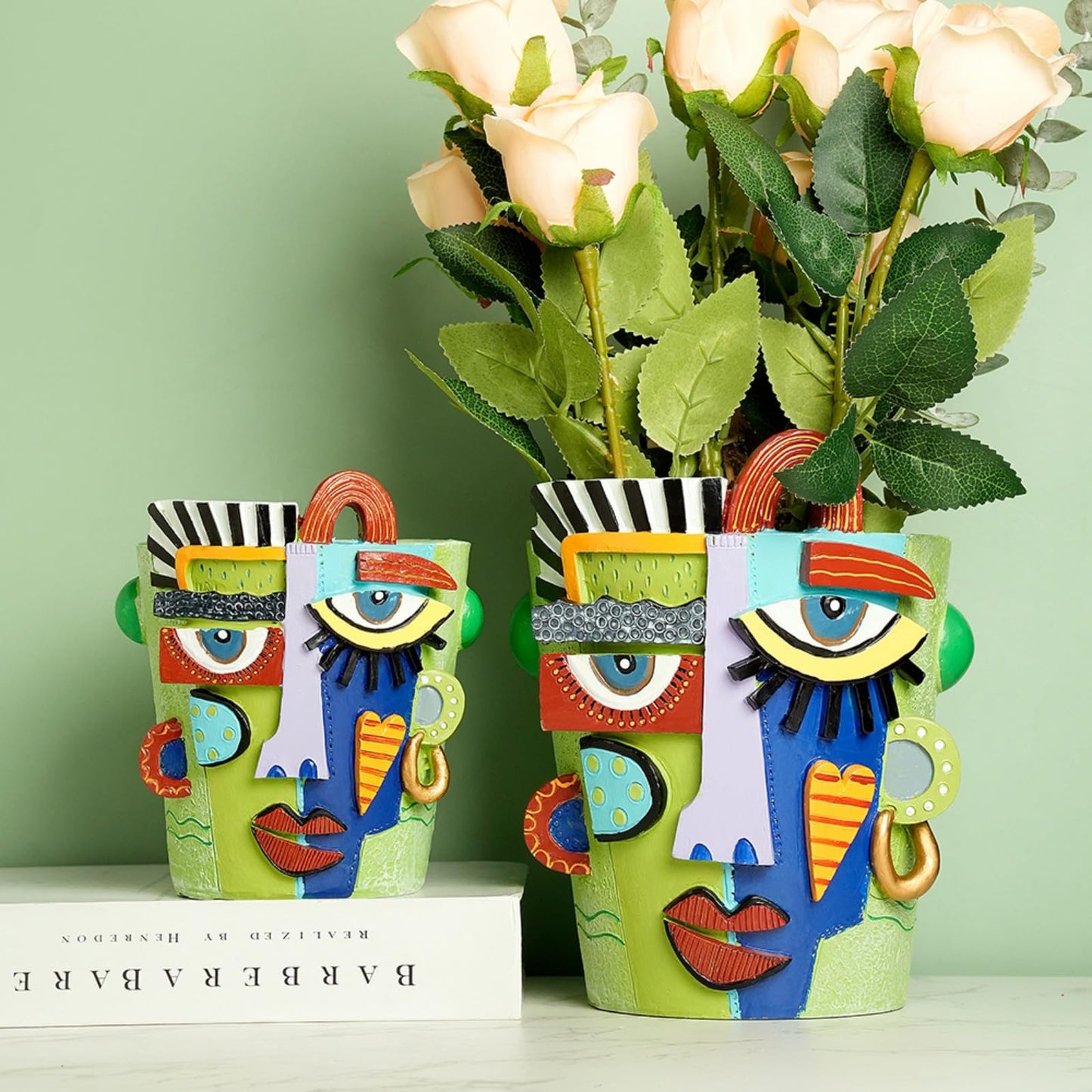 BJVF Mint Green Abstract Face Planter Pot/Picasso Flower Pot, Unique Head Planters for Indoor Plants, Abstract Face Decor, Picasso Pots for Home Decor (Large)