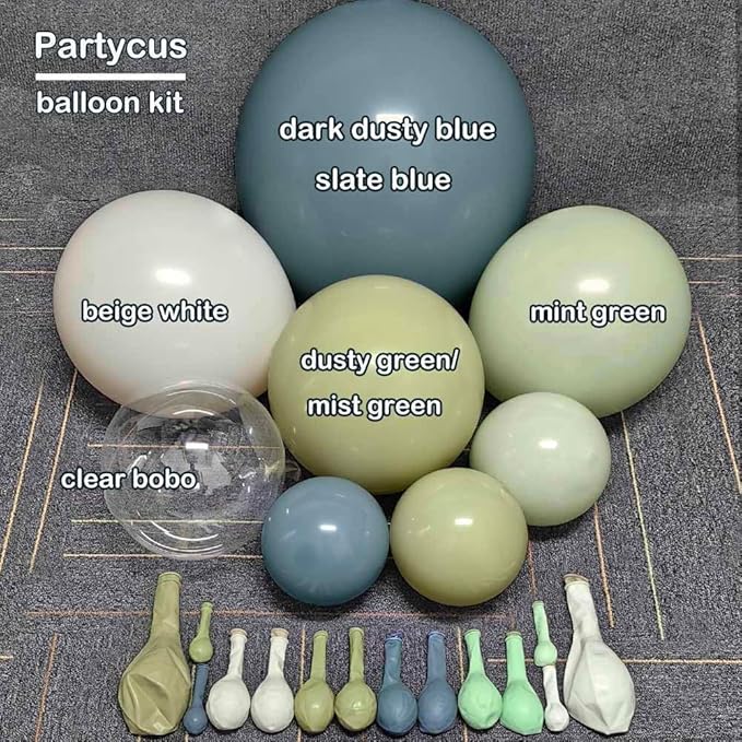Dusty Blue & Mint Green Balloon Arch Kit, Double Stuffed with Clear Bobo – Slate Blue, Olive, White & Beige Latex Balloons for Baby Shower, Bridal & Wedding