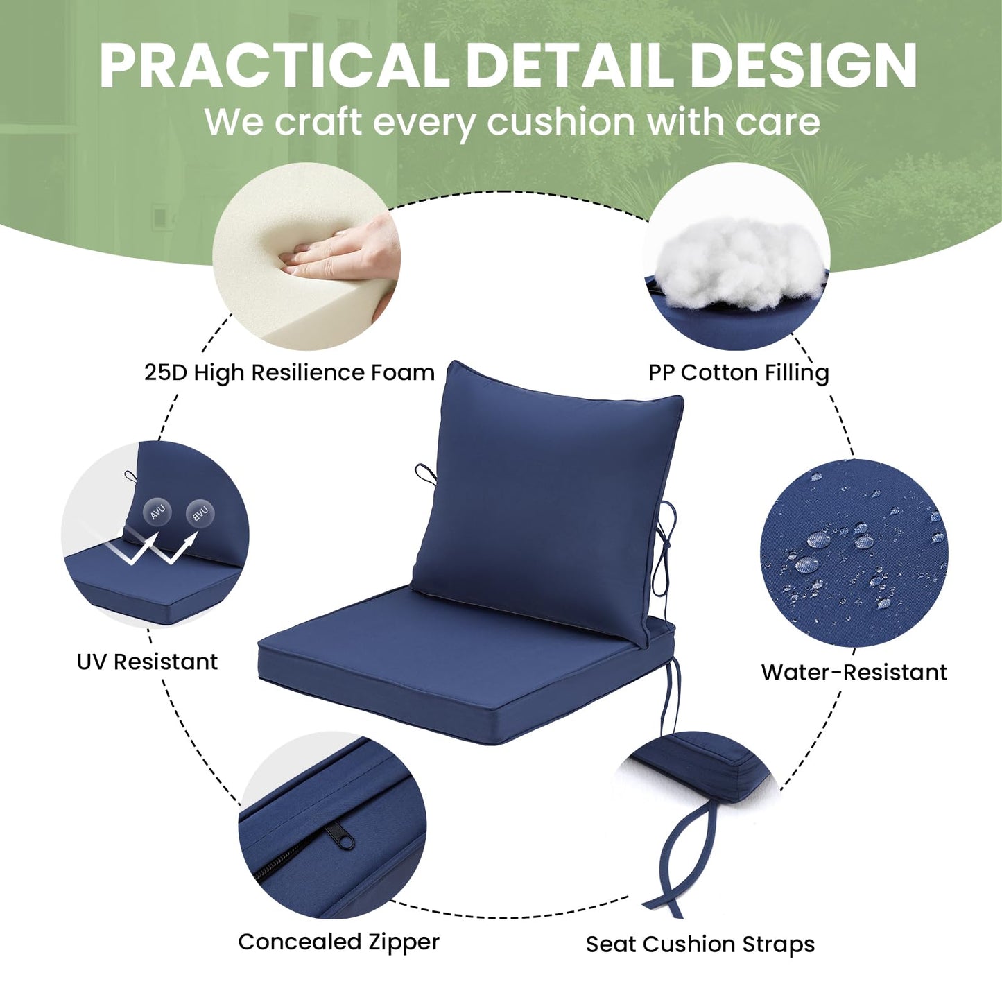 Soohow Outdoor Chair Cushions Set of 4, 24"× 24" Outdoor Sofa Replacement Cushions with Removable Cover for Patio Furniture, Navy