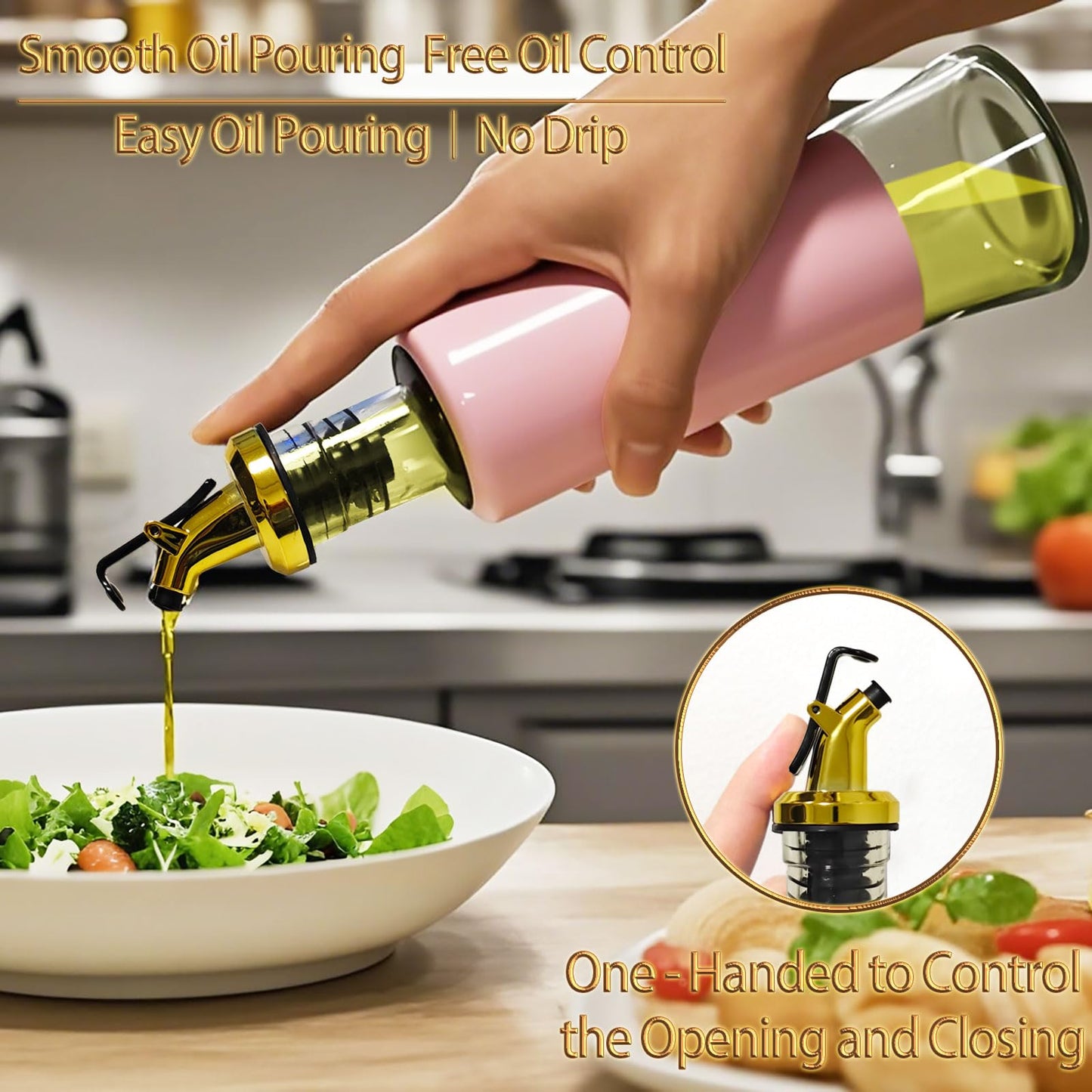 Miao’er Olive Oil Dispenser Bottle for Kitchen Set of 2, Golden Non-Drip & Leakproof Spout, One-handed Hold, With Pink Funnel for Easy Filling, 10OZ/300ML(PINK)