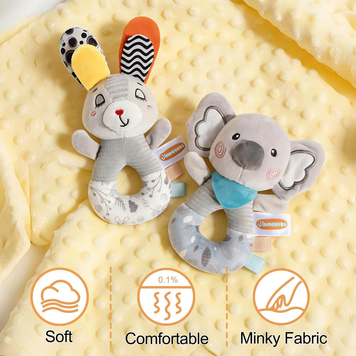 Sensory Shaker Rattle for Babies 0-6 Months, Infant Developmental Toys with High Contrast Patterns, Soft Plush Rabbit & Textured Ring for Auditory Visual Tactile Learning