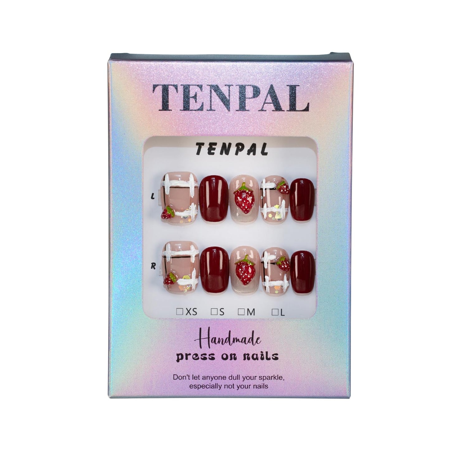 TENPAL Handmade Press on Nails Wine Red Nails Press Ons Short Square Gummy Candy 3d Strawberry Fake Nails with Glue Glossy Glitter Glue on Nails Short 10pcs/box Cute Stick on Nails for Women(M)