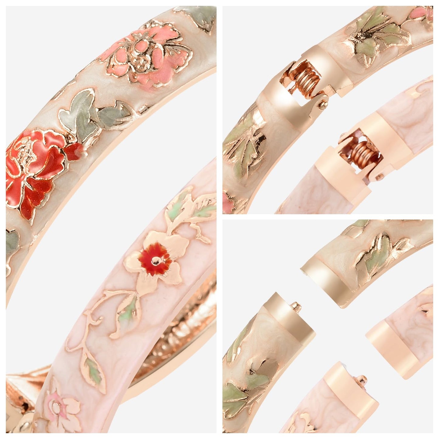 UJOY Vintage Bracelet Plated Enameled Jewelry Spring Hinge Metal Cuff Cloisonne Bangles Set Gift Box Packed 55A18-55A113 Cream White
