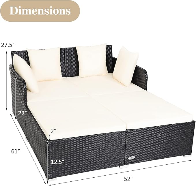 HAPPYGRILL Outdoor Daybed Rattan Wicker Patio Daybed with Padded Cushions Pillows and Sturdy Aluminum Foot, Patio Sofa Furniture Set for Garden Porch Poolside