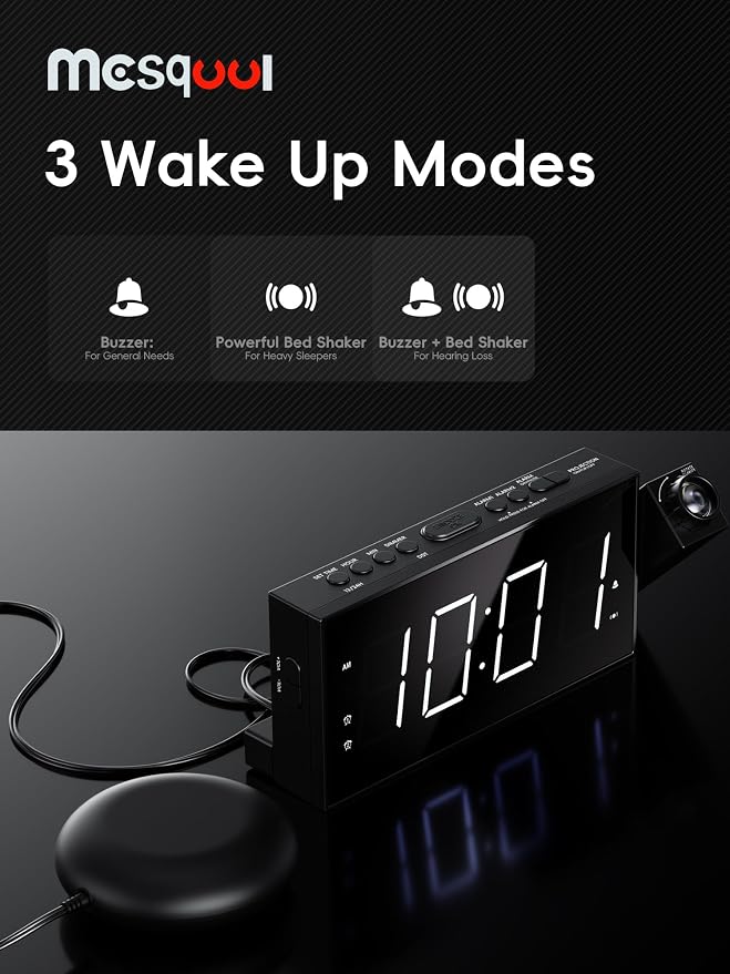 Mesqool Projection Alarm Clock with Loud Bed Shaker, Dual Alarms | 5-level Dimmer, USB charger, Snooze & DST, Loud Vibrating Alarm with Battery Backup, Perfect for Heavy Sleepers
