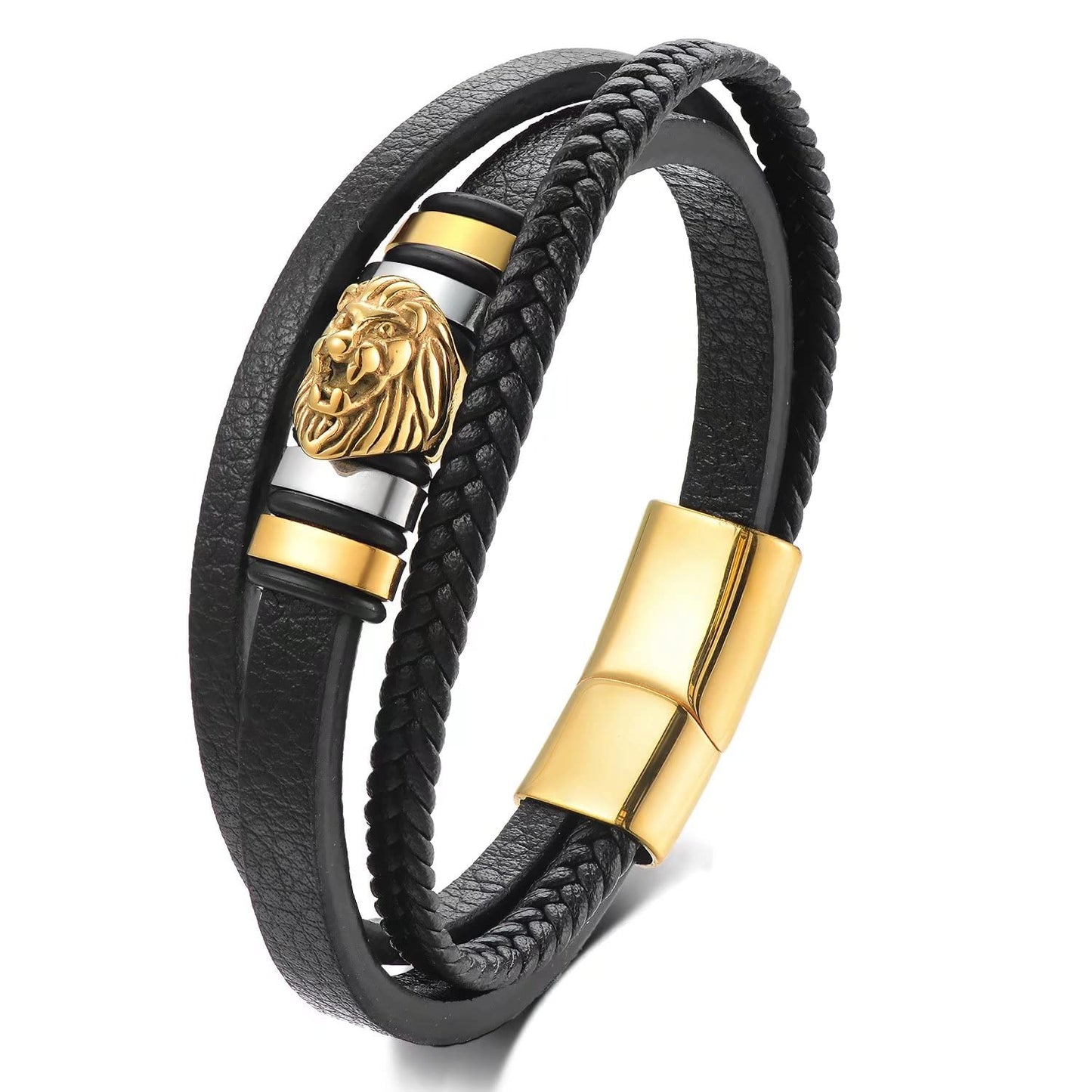 BIYONGDE Black braided Leather Bangle Bracelet, Mens Stainless Steel Gold Color Lion Head Charms ID Identification