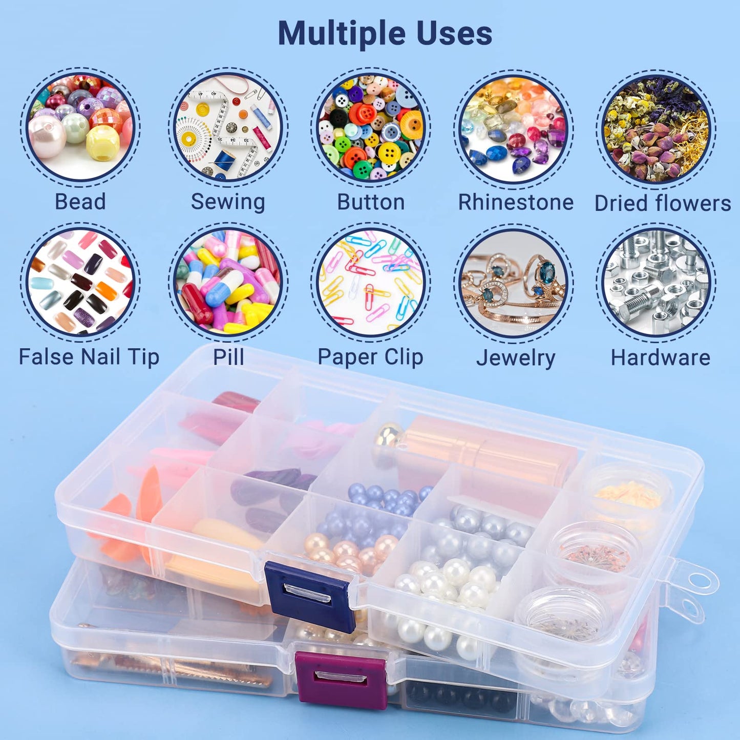 Cosics Rhinestone Organizer Storage Box, 4PCS 15-Grid Small Clear Plastic Jewelry Case, Empty Container Dividers for Nail Art Craft Accessory, Display Holder for Fishing Tackle, Bead, Charms, Sewing