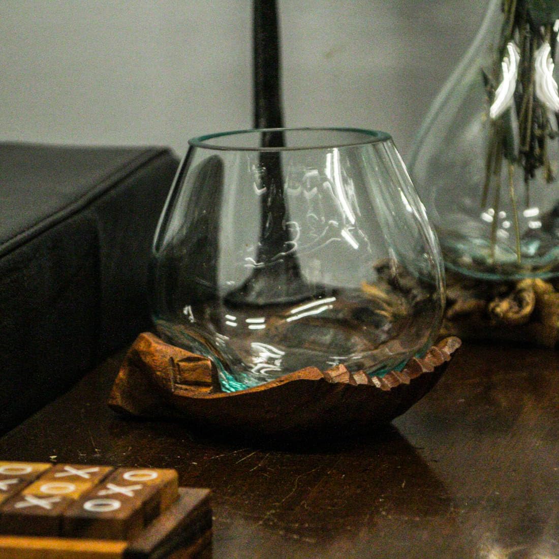 Blown Molten Glass and Carved Wood Hands Decorative Bowl, Vase, and Terrarium, 5 Inches High