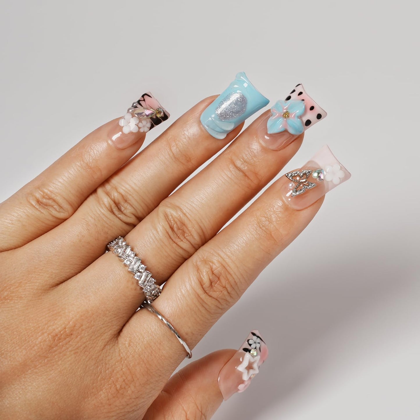 Tesytto Short Duck Press on Nails - 3D Floral Metallic Butterflies False Nails with Pink French Tip & Leopard Print, Pearls Star Luxury Design, Reusable Thick Acrylic Full Cover (Dance Passion,M)