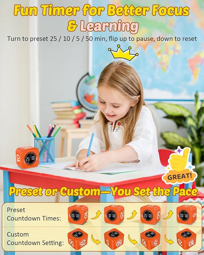 Pomodoro Timer Cube Visual Productivity Flip Timer for Kids Classroom Desk, 5/10/25/50min&Custom Countdown, Silent&Sound Mode Digital Cube for ADHD Study Work School Game Kitchen (Orange)