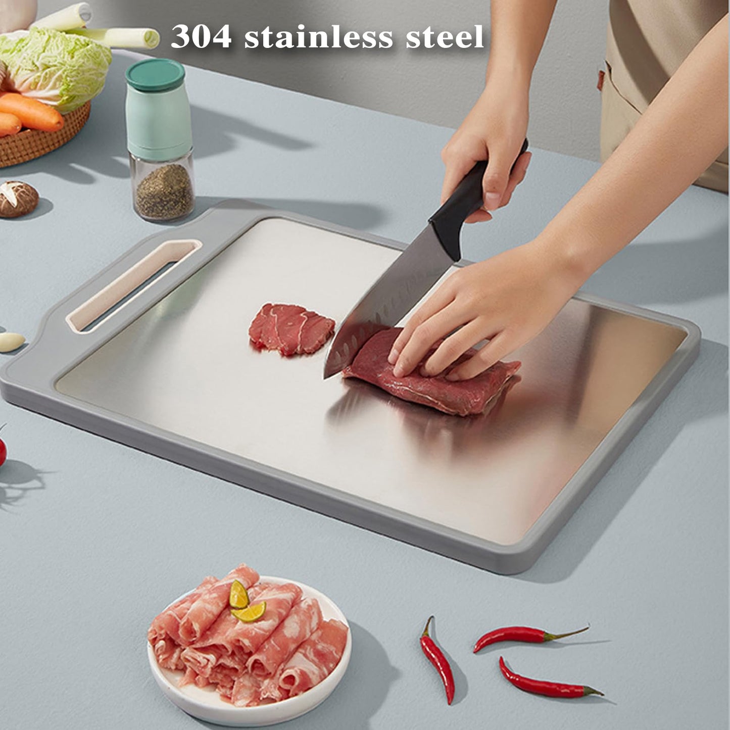 Stainless Steel Cutting Boards For Kitchen,Double Sided Cutting Board With Handle,Stainless Cutting Board And Wheat Straw Chopping Board With Juice Troughe,Kitchen Chopping Board Easy To Clean