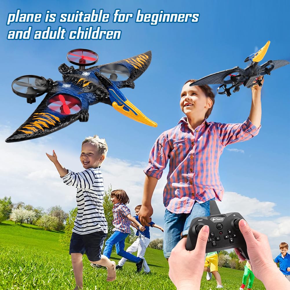 Dinosaur Remote Control Drone, 2.4G EPP Foam RC Pterodactyl Hobby RC Airplanes with 6-Axis Gyro, One Key Takeoff Landing, Stunt Roll & 360 Flip, Fighter Jet Toy Christmas Birthday Gift for Boys Girls