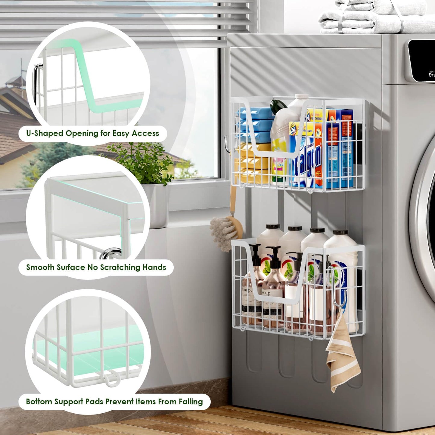 YIWANFW 2 Set Magnetic Fridge Shelf, White Magnetic Fruit Basket for Refrigerator Organizer Storage, Potato and Onion Storage Bins, Wire Baskets Magnet Rack for Laundry Washing Machine Kitchen Shelves