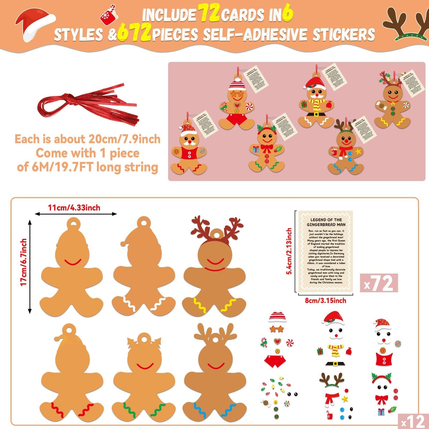 Qyeahkj 72 Pack Christmas Gingerbread Men Craft Kit Bulk DIY Arts and Crafts for Make Your Own Gingerbread Xmas Tree Ornaments Stickers for Winter Holiday Xmas Chirstmas Decoration