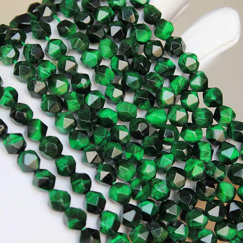 MJDCB Best Sellers Natural Stone Beads Faceted Polygon Green Tiger Eye Crystal Energy Stone Healing Power for Jewelry Making(8mm)