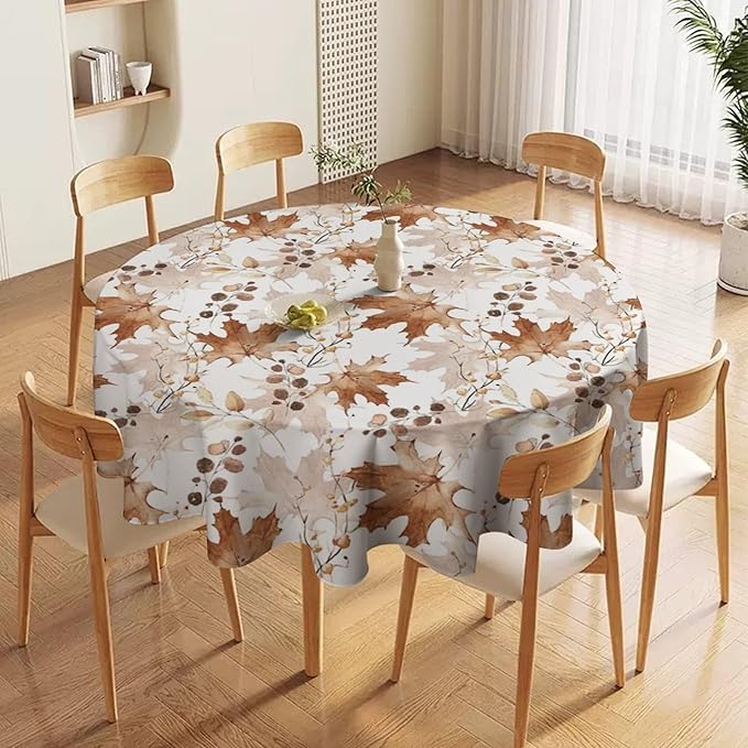Thanksgiving Maple Leaves Tablecloth, Watercolor Autumn Harvest Fall Watercolor Blue Yellow Leaves Table Cover for Party Picnic Dinner Decor 70x70 Inch Round