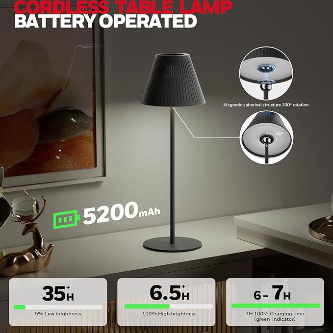 Honeywell Cordless Table Lamp Rechargeable, M1 Sunturalux Portable LED Desk Lamp 5200mAh Battery Operated 4Color 9RGB Dimmable Touch Control Night Light for Restaurant Living Bedroom Bedside Lamps