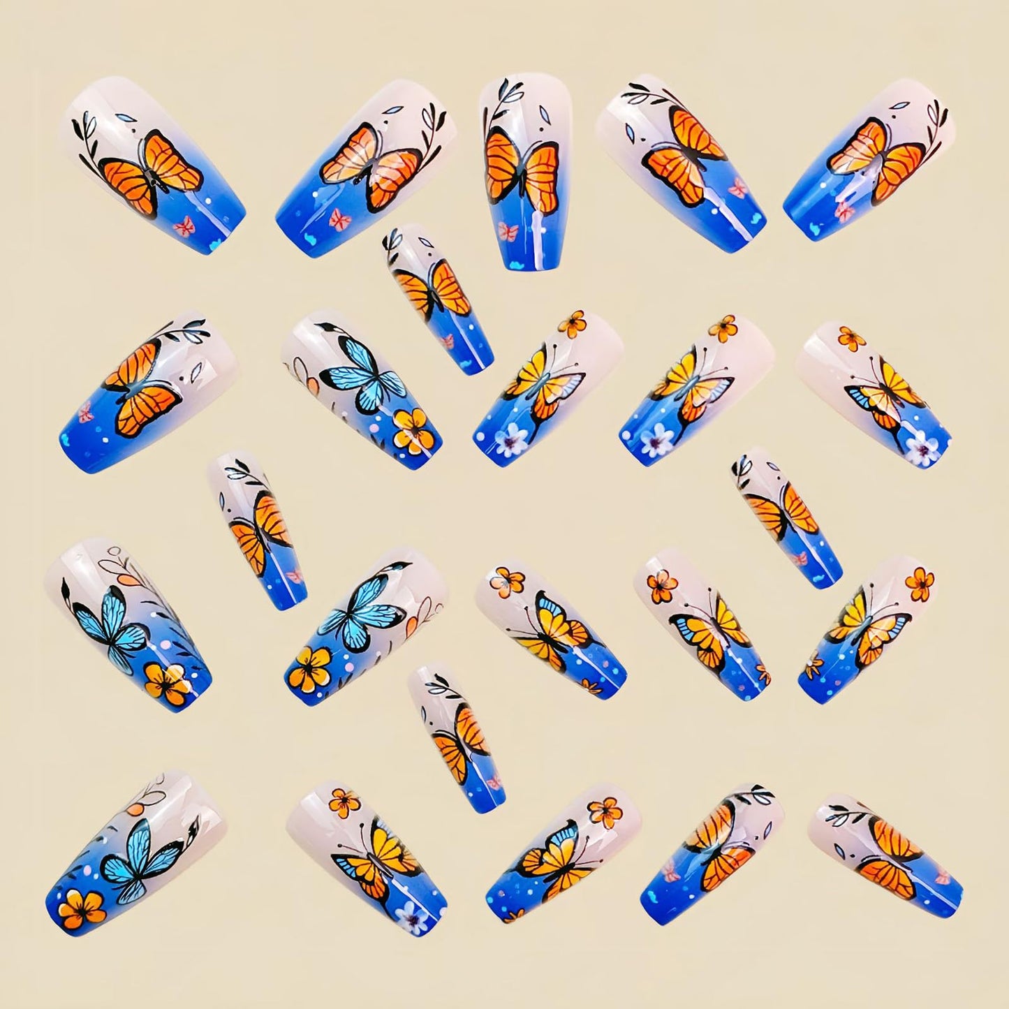 MISUD Press on Nails - Long Coffin Fake Nails with Blue Ombre, Acrylic Summer Flower Butterfly Design 24 pcs