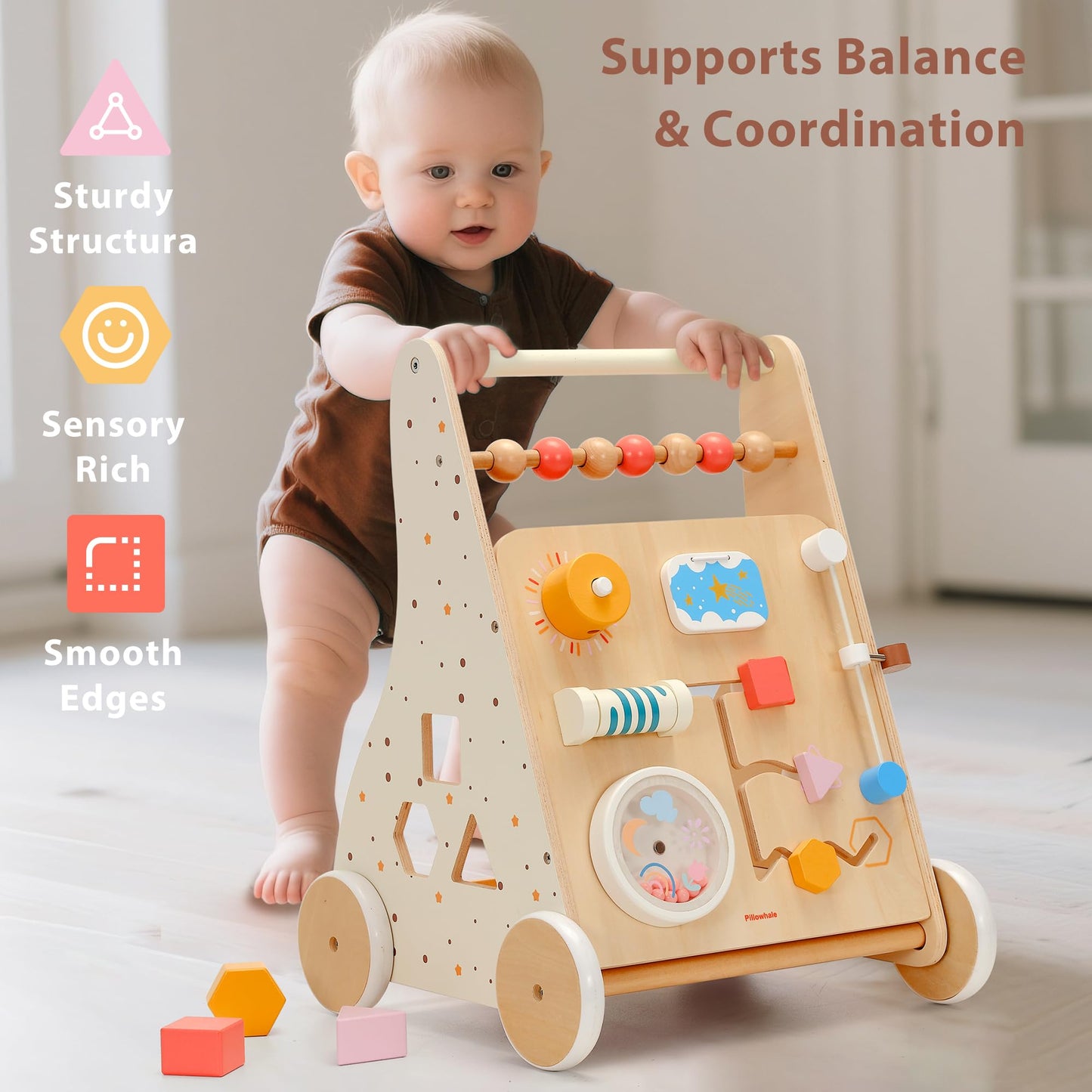 Pillowhale Wooden Baby Walker for Toddlers Learning to Walk, Push Walker Toy with Montessori Activity Center & Adjustable Brake, 12M+ (Spring Bird)