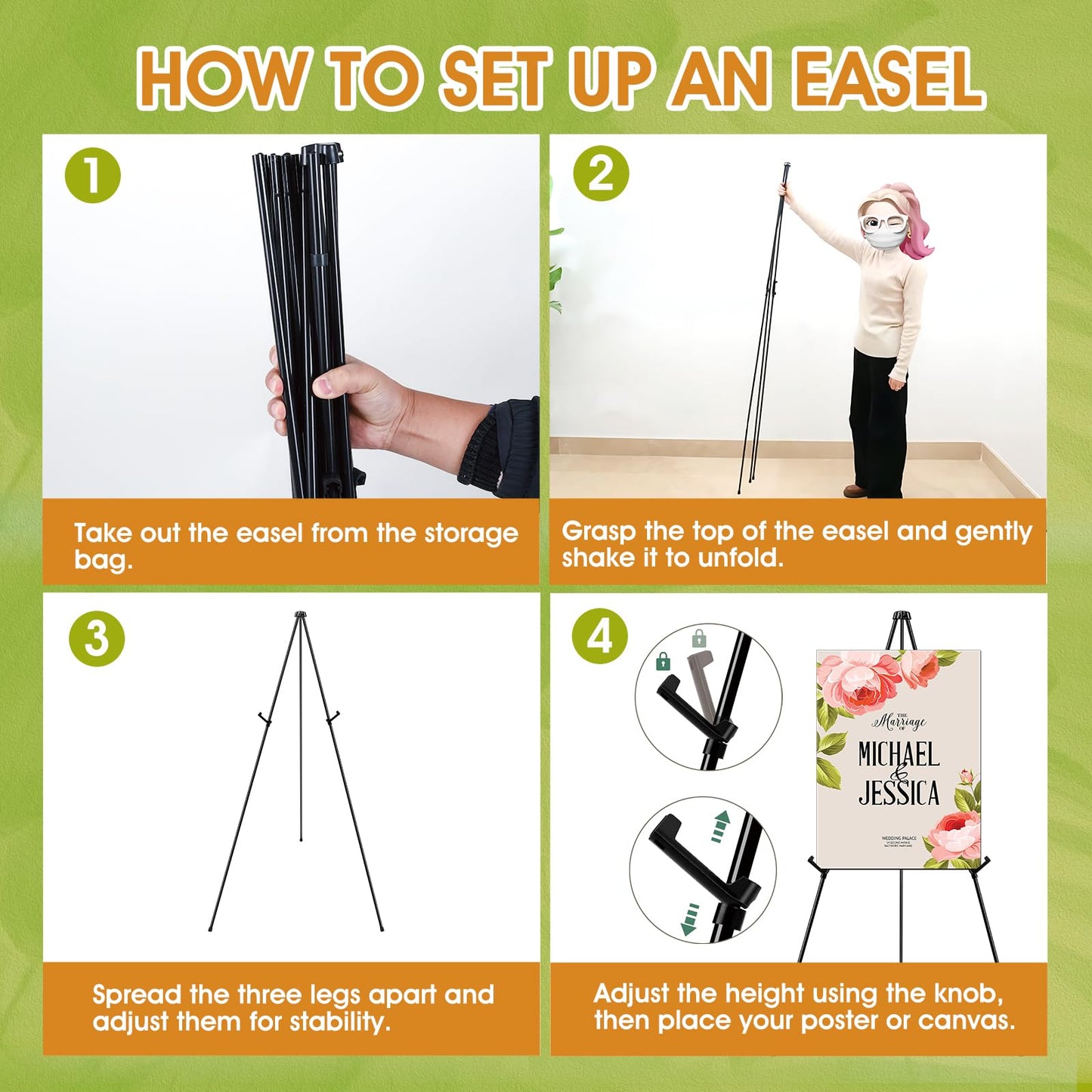 AROIC 63" Easel Stand for Display, 3 Pack Portable Foldable Metal Easel, Easels for Signs Wedding Logos,Arts, Painting,Adjustable Floor Easels with 3 Storage Bag