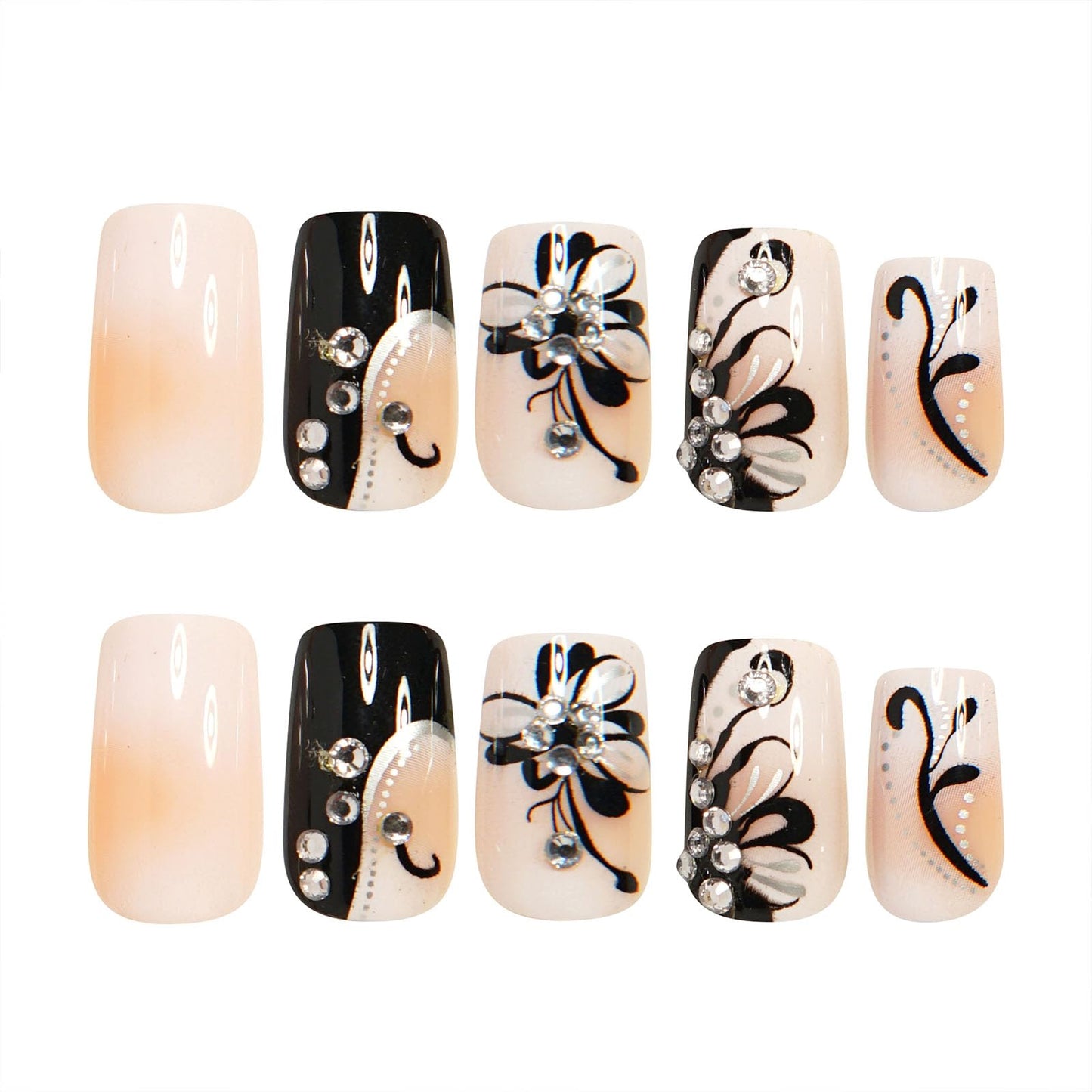 24Pcs Press on Nails Medium Square Fake Nails with Black Flower Lines Rhinestones Designs Glossy Nails Press ons Nude Gradient Glue on Nails Acrylic Nails Artificial Stick on Nails for Women