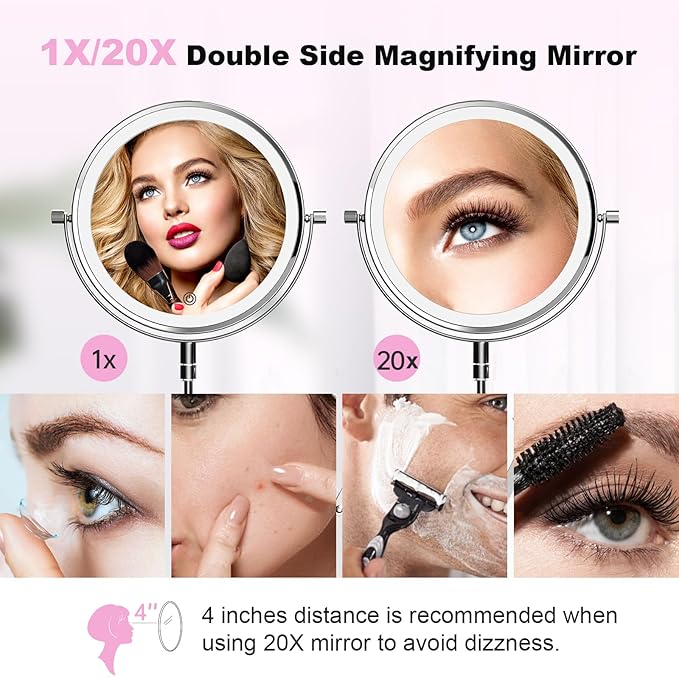 Rechargeable Wall Mounted Makeup Mirror - 8 Inch Double Sided 1X/20X Magnifying Mirror with 3 Color Lights Dimmable Touch Screen, 360°Swivel 19.6 Inch Extendable Accordion Bathroom Mirror
