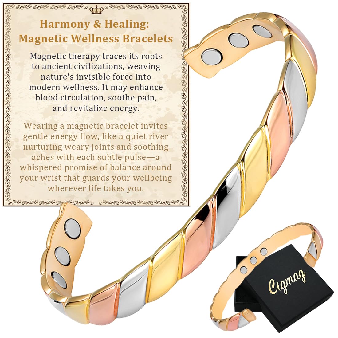 Cigmag Copper Bracelets for Women Pure Copper Bracelet Cuff Bangle Strength Magnet Adjustable