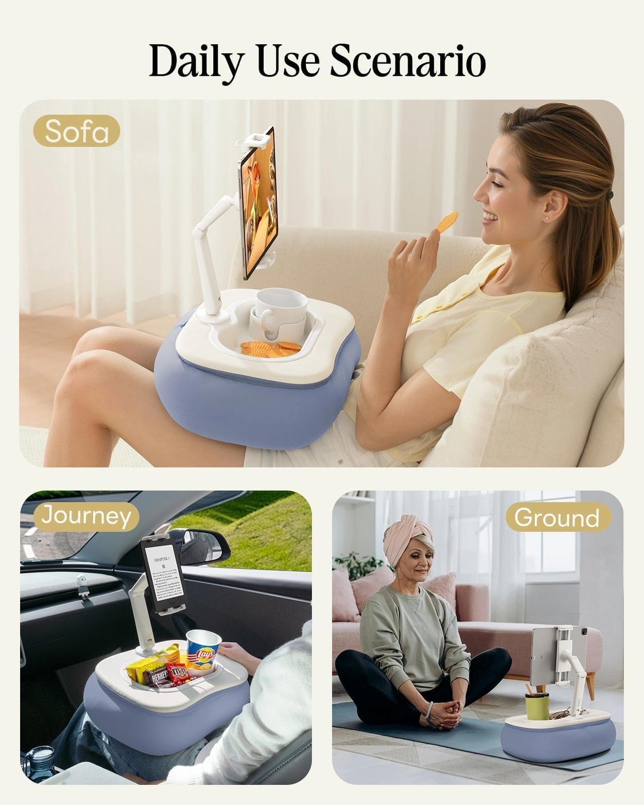 SAIJI Tablet Pillow Stand for Bed, Stable iPad Holder with Food-Grade Snack Bowl, Adjustable Kindle Pillow Stand for Reading, Suit for 4.7-15.6" Kindle,iPad,iPhone,Tablet,Blue
